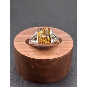 Vintage Poland Baltic Amber, Signed, Size 8, 925 SS, Modernistic Style